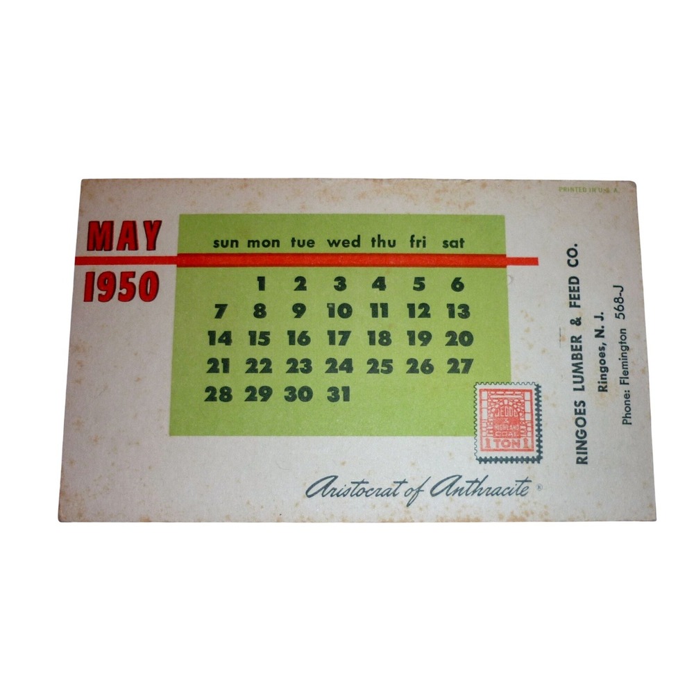 Vintage 1950 Ringoes Lumber & Feed Co NJ Calendar Card May Aristocrat Anthracite